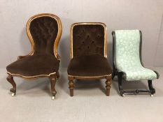 Collection of three antique upholstered bedroom chairs, two with china castors (3)