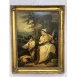 Oil on canvas of a woman and child, indistinctly signed lower right, approx 44cm x 60cm, in gilt