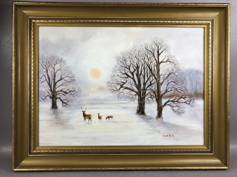 KENNETH ANSELL (British, contemporary), oil on canvas, deer in a frozen landscape, approx 54cm x