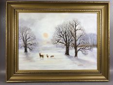 KENNETH ANSELL (British, contemporary), oil on canvas, deer in a frozen landscape, approx 54cm x