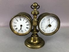Vintage brass desktop clock and Barometer approx 14cm tall