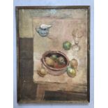 BENEDICT RUBBRA (British b.1938) 'Still life and Greek dish', 1957, Oil on canvas, inscribed