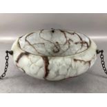 Art Deco opalescent marbled glass light shade, on three suspension chains, approx 36cm in diameter