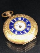 14ct Gold and enamel half hunter pocket watch marked for 14k inside and stamped to the stem A/F
