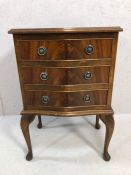 Small serpentine fronted chest of three drawers on queen ann legs, approx 71cm tall