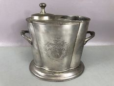 Pewter Georgian Wine cooler with inscribed coat of arms twin handled with stepped base approx 23cm