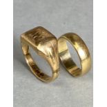 9ct Gold fully hallmarked band a 9ct Gold chunky signet ring sizes 'O' & 'S' and total weight approx