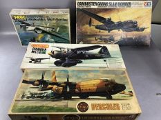 Four unassembled scale model planes: FROG Armstrong Whitworth 1:72, Matchbox Lysander MkI/III 1: