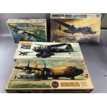 Four unassembled scale model planes: FROG Armstrong Whitworth 1:72, Matchbox Lysander MkI/III 1: