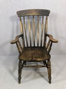 Slat back windsor elbow chair with turned legs and double stretcher. Height approx 113cms
