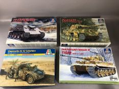 Four ITALERI unassembled 1:35 scale model tanks: Camionetta, Panzerkampfwagen VI, Panther,