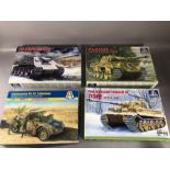 Four ITALERI unassembled 1:35 scale model tanks: Camionetta, Panzerkampfwagen VI, Panther,