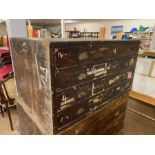 Vintage wooden plan chest with original cup handles consisting of four drawers