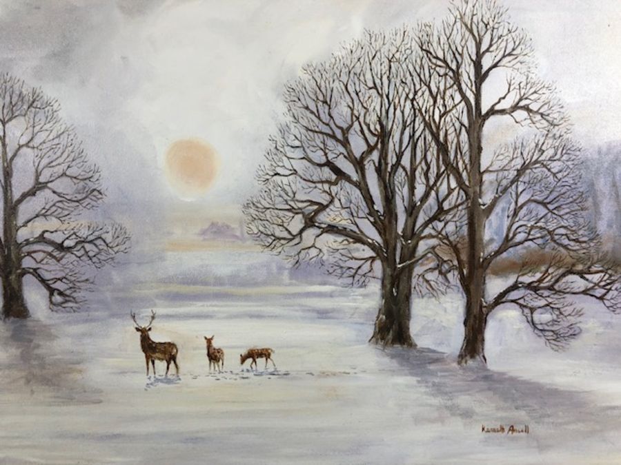 KENNETH ANSELL (British, contemporary), oil on canvas, deer in a frozen landscape, approx 54cm x - Image 2 of 10