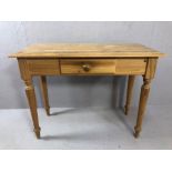 Pine console table with single drawer and turner tapering legs, approx 100cm x 44cm x 77cm tall