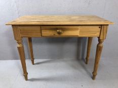 Pine console table with single drawer and turner tapering legs, approx 100cm x 44cm x 77cm tall