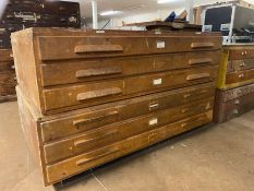 Mid century plan chest with wooden handles in two sections consisting of six drawers