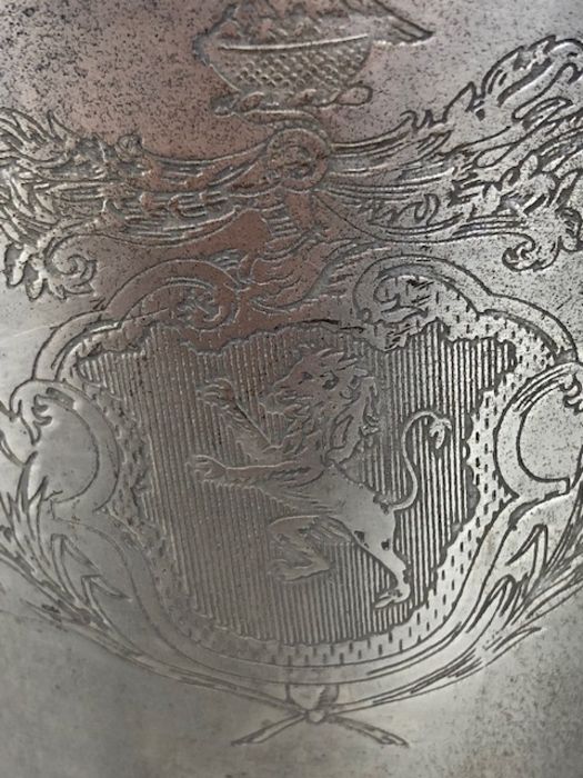 Pewter Georgian Wine cooler with inscribed coat of arms twin handled with stepped base approx 23cm - Image 8 of 10