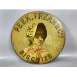 Advertising Sign: Original tin plate circular advertising sign for PEEK, FREAN & Co's BISCUITS