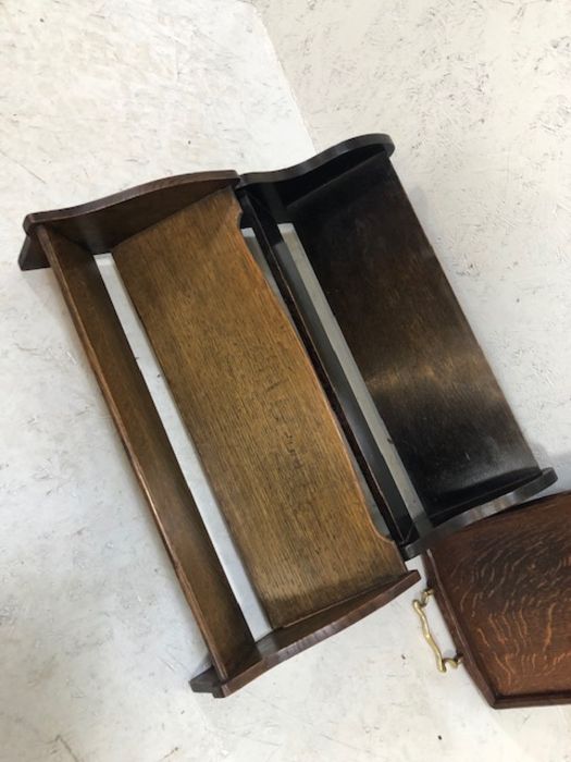 Two wooden book stands and an oak tea tray with brass handles and carved detailing letter 'M' - Image 4 of 6