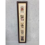 Collection of five framed WW1 silk embroidered postcards, overall size of frame 80cm x 17cm