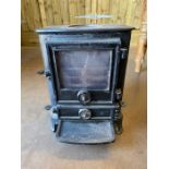 Cast iron wood burning stove, approx 39cm x 32cm x 53cm tall