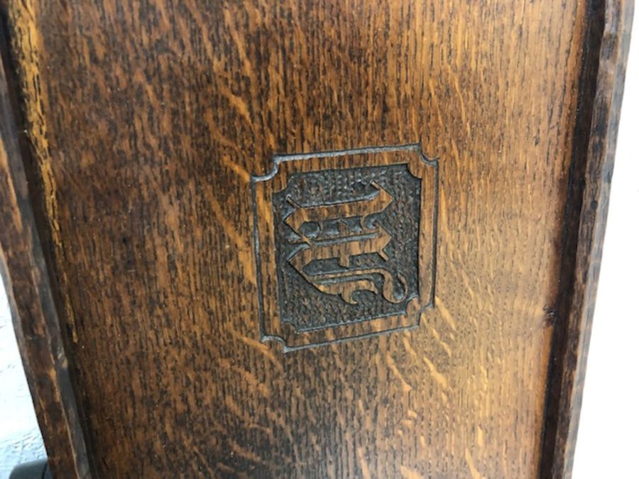 Two wooden book stands and an oak tea tray with brass handles and carved detailing letter 'M' - Image 3 of 6