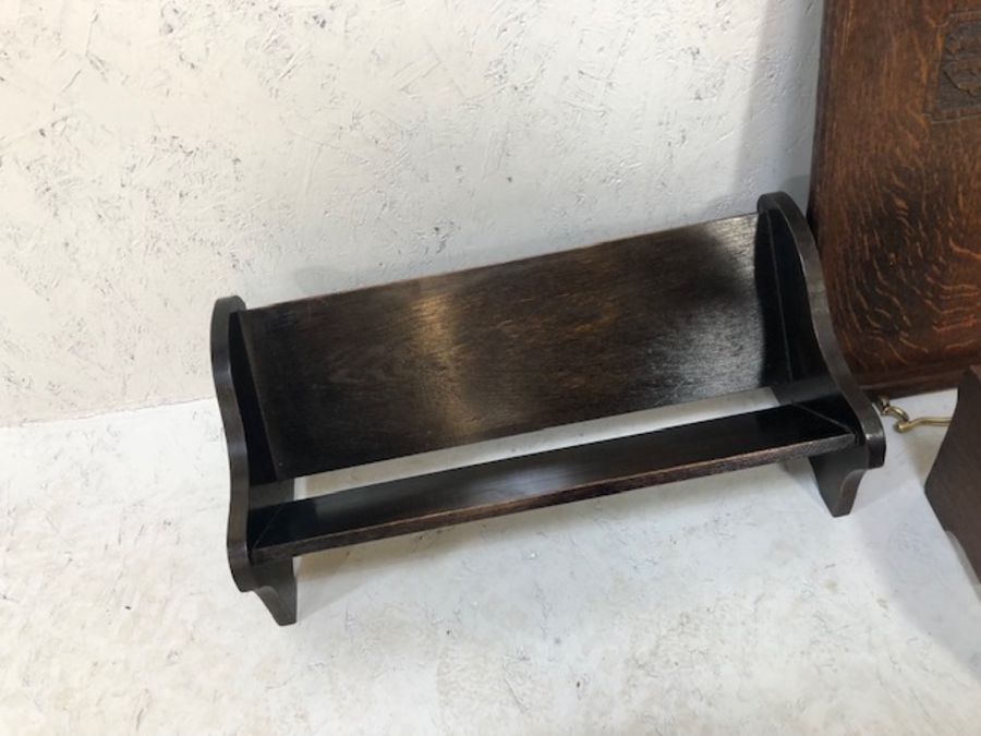 Two wooden book stands and an oak tea tray with brass handles and carved detailing letter 'M' - Image 5 of 6