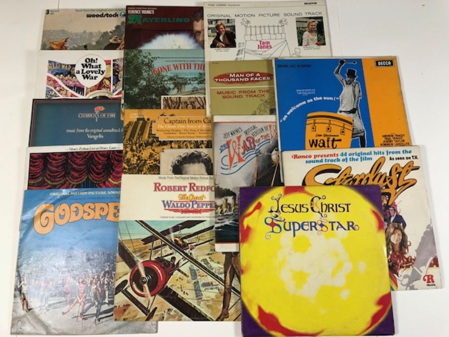 15 SOUNDTRACK LPs including: Woodstock, Waldo Pepper, War Of The Worlds, Jesus Christ Superstar,