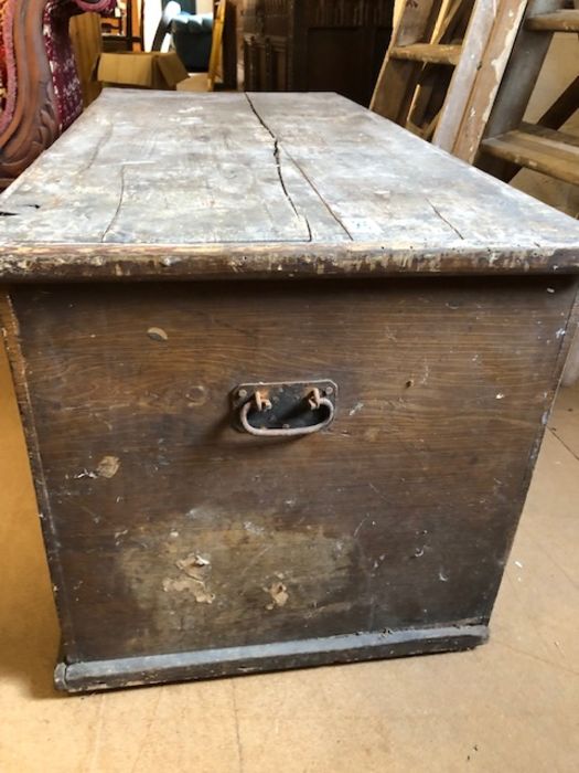 Pine stained vintage chest, interior lined with newspaper dated 1870, approx 106cm x 48cm x 50cm - Image 5 of 7