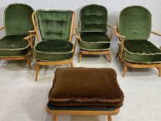 Four vintage Ercol stick back down swept open armchairs, one of slightly different design,