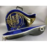 Cased French Horn marked Henri Selmer, Paris, with Vincent Bach Corp 11 mouthpiece
