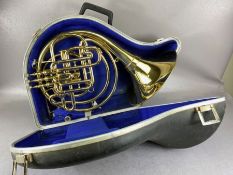 Cased French Horn marked Henri Selmer, Paris, with Vincent Bach Corp 11 mouthpiece