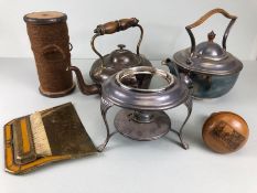 Decorators interest , EPNS kettle on on stand, copper kettle, wooden reel of twine, crumb tray and