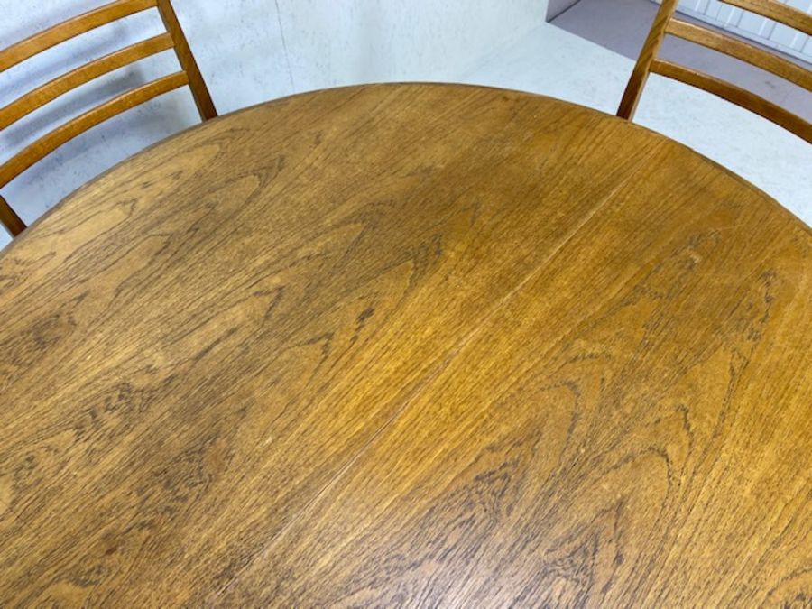 G Plan, Mid Century G Plan round extending dinning Table and 4 matching Chairs with original brown - Image 4 of 15