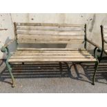 Wooden slatted garden bench with green metal bench ends, approx 126cm in length (A/F)