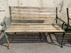 Wooden slatted garden bench with green metal bench ends, approx 126cm in length (A/F)