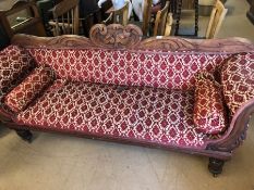 Wooden framed antique salon sofa, on turned legs and castors, with upholstered seat and back and