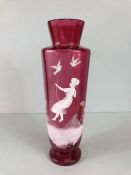 Glassware: a Mary Gregory style cranberry vase approx 29cm in height