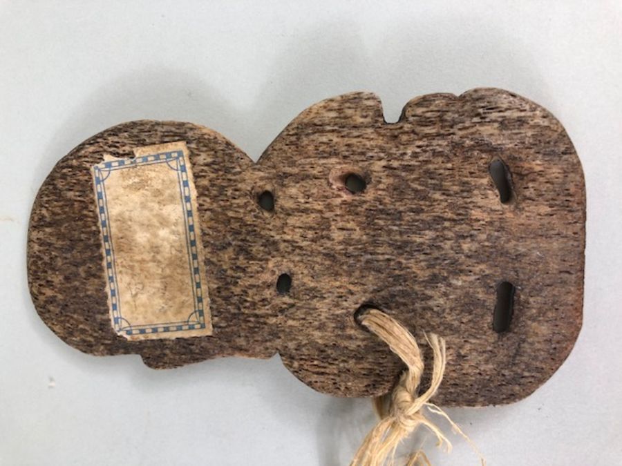 Tribal Art Interest, large Māori carved Whale bone Hei-tiki, of an early form, red inlaid eyes, - Image 13 of 18