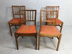 Set of four vintage Mid Century ERCOL dining chairs with square backs and padded orange seats