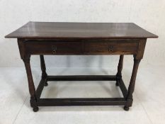 Antique console table on tapering legs with two drawers, approx 108cm x 51cm x 77cm