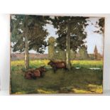 Oil on board of cattle under trees, in the manner of WILLIAM GUNNING KING, approx 54cm x 65cm