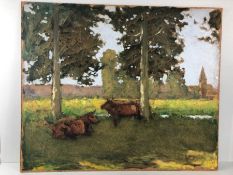 Oil on board of cattle under trees, in the manner of WILLIAM GUNNING KING, approx 54cm x 65cm