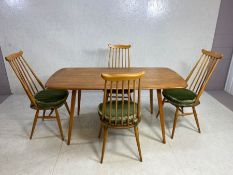 Vintage ERCOL Elm dining table on splayed legs, approx 152cm x 76cm x 71cm tall, accompanied by four