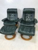 Pair of green leather stressless armchiars and matching footstools
