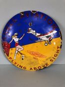 Circular enamel sign 'SHELL AVIATION, FLYING ABOVE SIGHT', approx 30cm in diameter