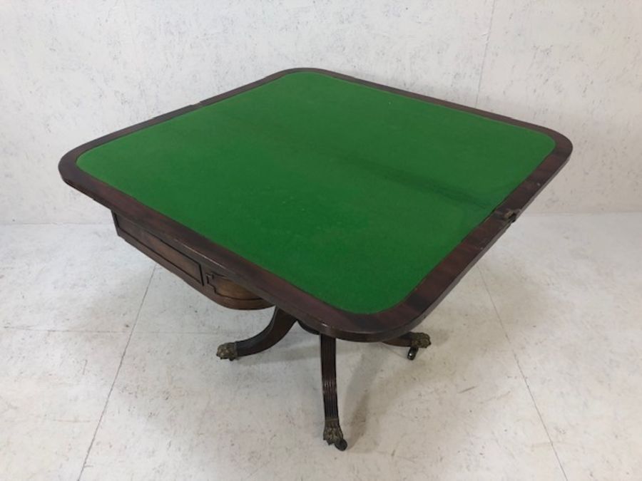 Regency D Shape 19th Century card table, the pivoting top enclosing a modern green baize, on a - Image 12 of 17