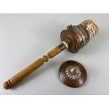 tribal interest, Tibetan prayer wheel, white metal and copper head with inlaid decoration containing