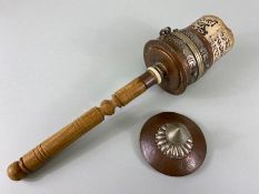 tribal interest, Tibetan prayer wheel, white metal and copper head with inlaid decoration containing